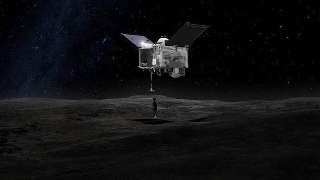 Image artistique représentant OSIRIX-REx entrant en contact avec l'astéroïde Bennu.