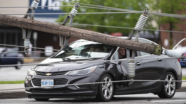 Un poteau électrique abattu sur une voiture sur le chemin Merivale à Ottawa. Un conducteur se trouve à l'intérieur du véhicule.
