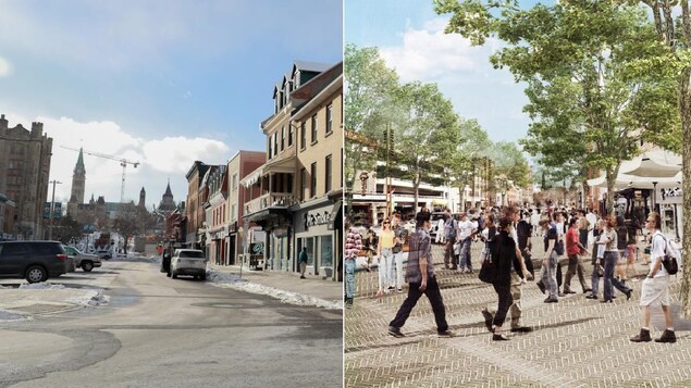 Deux photos amalgamées démontrant la rue aujourd'hui et une modélisation de ce qu'elle pourrait avoir l'air, transformée en rue piétonne.