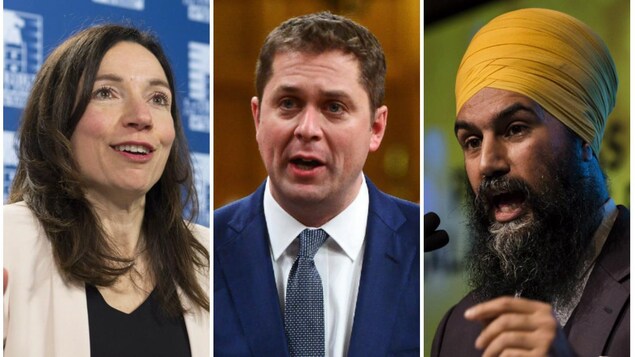 On voit Martine Ouellet, Andrew Scheer et Jagmeet Singh de face. On voit Martine Ouellet, Andrew Scheer et Jagmeet Singh de face.