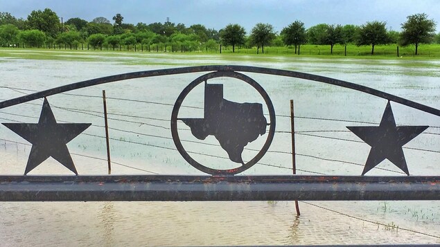 Devant un terrain inondé, une barrière affiche la forme de l'État du Texas encadré de deux étoiles Devant un terrain inondé, une barrière affiche la forme de l'État du Texas encadré de deux étoiles