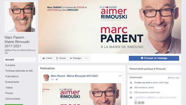 La page Facebook du maire sortant de Rimouski, Marc Parent La page Facebook du maire sortant de Rimouski, Marc Parent