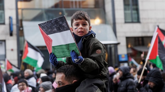 Un niño sostiene una pancarta que representa una bandera palestina.