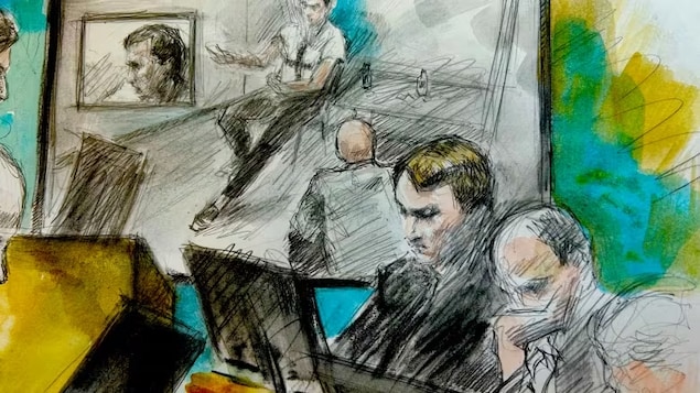 In this court sketch, accused killer Nathaniel Veltman, third from right, and his lawyers watch a video of a statement the accused gave to Det. Micah Bourdeau in the hours following the killing of a London, Ont., Muslim family. (Pam Davies/CBC)
