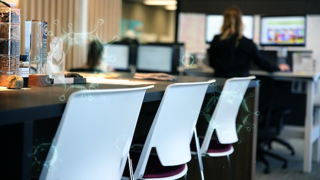 En avant-plan, trois chaises vides dans un bureau de la fonction publique. En arrière plan, une employée travaille à son ordinateur.