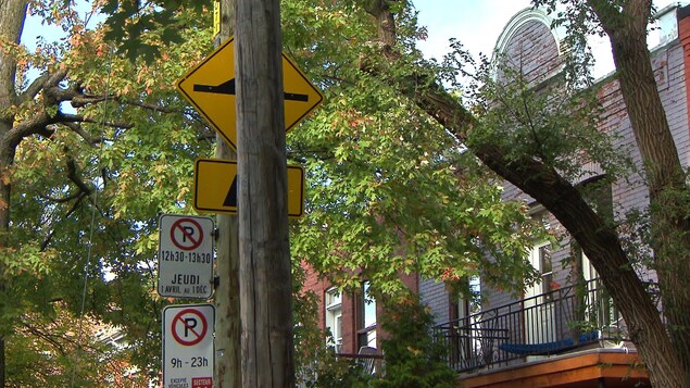 Un panneau de dos d'âne caché derrière un poteau sur une rue de Rosemont-La Petite-Patrie, à Montréal. Un panneau de dos d'âne caché derrière un poteau sur une rue de Rosemont-La Petite-Patrie, à Montréal.