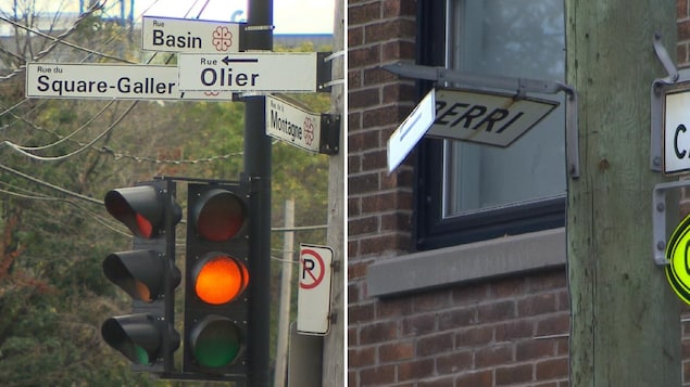 Montage montrant quatre panneaux de rue créant de la confusion dans Griffintown (image de gauche) et un panneau vétuste dans Villeray (image de droite). Montage montrant quatre panneaux de rue créant de la confusion dans Griffintown (image de gauche) et un panneau vétuste dans Villeray (image de droite).