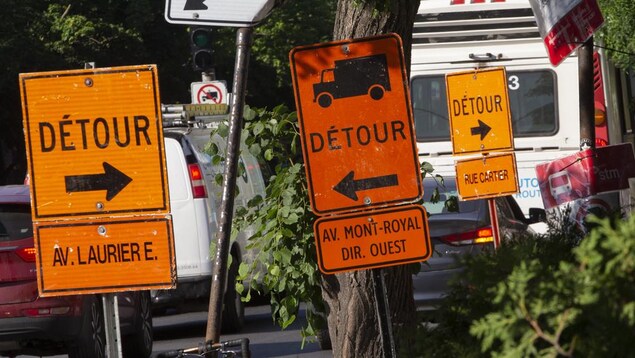 De nombreux panneaux de signalisation dans une rue de Montréal.