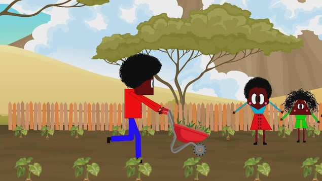 Image tirée du conte Le pantalon de Moriba représentant un personnage poussant une brouette dans un jardin tandis que deux autres personnages l'observent.