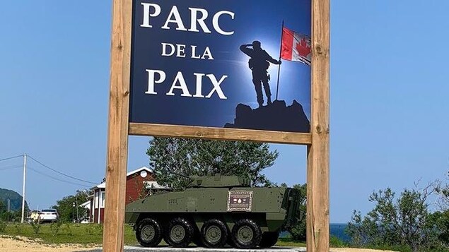 Sur l'affiche, on peut voir un militaire au sommet d'une colline qui tient un drapeau cadeau et fait un salut militaire de l'autre main.