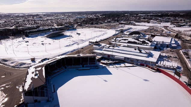 Des bâtiments dans un grand parc en hiver.
