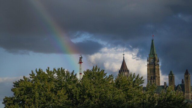 Un arc-en-ciel près de la colline du Parlement. à Ottawa.