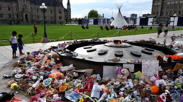A memorial for children who died at residential schools is seen at the Centennial Flame on Parliament Hill in Ottawa.