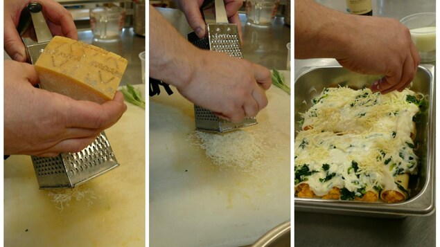Luc râpe le fromage parmesan et l'ajoute sur les cannellonis. Luc râpe le fromage parmesan et l'ajoute sur les cannellonis.