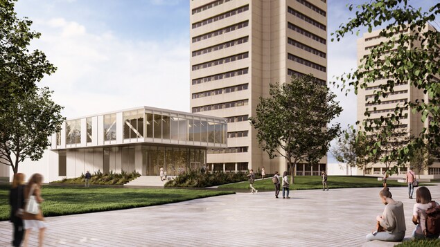 Maquette d'un bâtiment vitré sur un campus universitaire