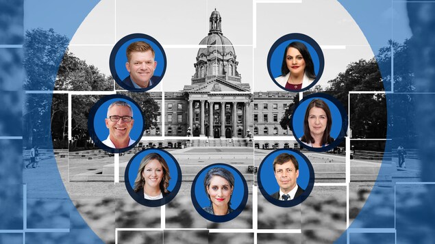 Montage photos des sept candidats à la course à la direction du Parti conservateur uni autour de l'Assemblée législative en Alberta. 