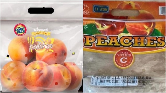 Deux emballages de pêches juxtaposés
