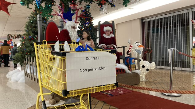Un chariot d'épicerie à l'avant-plan. Le père Noël et un enfant à l'arrière.