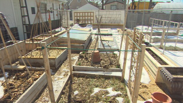 Des jardins dans une cour encore enneigée.