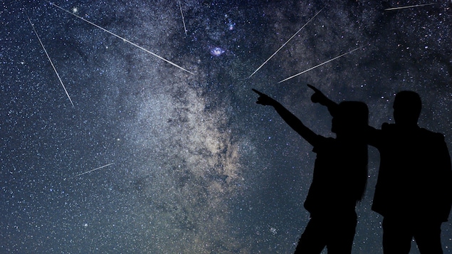 Deux humains regardent une pluie d'étoiles filantes.