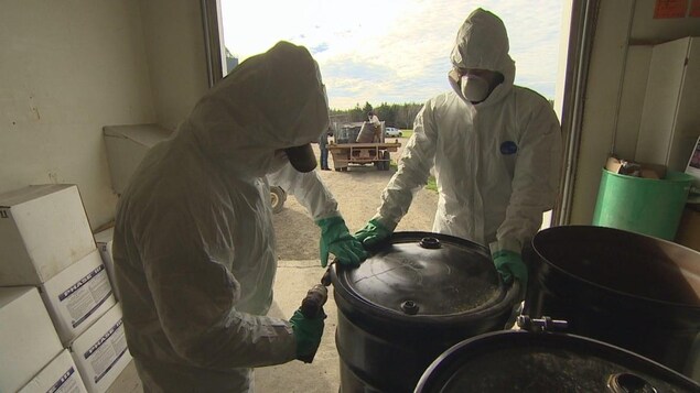 Deux personnes qui mettent des pesticides à l'intérieur d'un gros contenant.