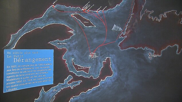 Une carte montre le voyage des Madelinots vers le nord. Une carte montre le voyage des Madelinots vers le nord.