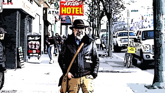 Pierre Martineau dans une rue de Vancouver en format illustration. Pierre Martineau dans une rue de Vancouver en format illustration.