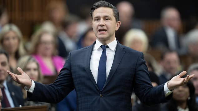 Conservative Party Leader Pierre Poilievre rises during Question Period on Parliament Hill in Ottawa on Monday, May 6, 2024.