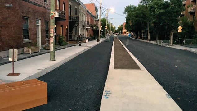 Une piste cyclable avec un terre-plein