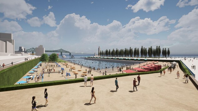 Du sable et des parasols autour d'un plan d'eau dans lequel se baignent des gens.