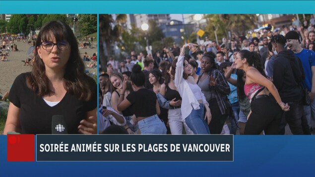 Une journaliste de Radio-Canada à gauche avec la photo de jeunes gens qui font la fête à droite