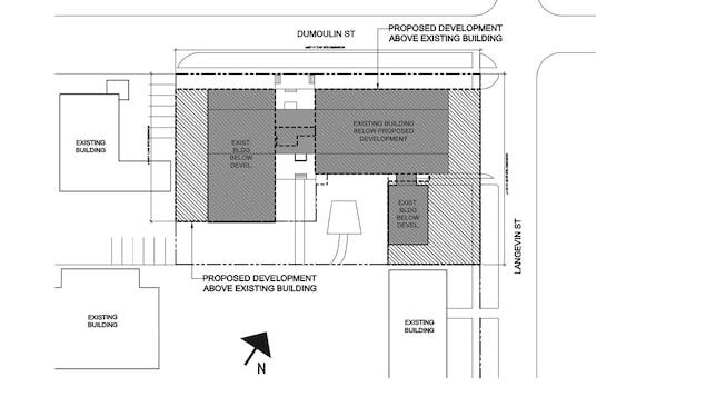 Plan d'architecture où des rectangles indiquent qu'il s'agit du développement proposé pour la partie supérieure du bâtiment, tandis que d'autres représentent des espaces destinés au rez-de-chaussée. Plan d'architecture où des rectangles indiquent qu'il s'agit du développement proposé pour la partie supérieure du bâtiment, tandis que d'autres représentent des espaces destinés au rez-de-chaussée.