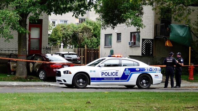 Deux policiers discutent, derrière un véhicule de police garée en bordure de route. Deux policiers discutent, derrière un véhicule de police garée en bordure de route.