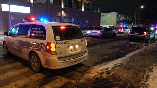 Des véhicules du Service de police de la Ville de Montréal dans une rue en hiver la nuit.