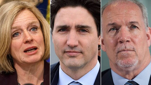 La première ministre de l'Alberta Rachel Notley, le premier ministre du Canada Justin Trudeau et le premier ministre de la Colombie-Britannique John Horgan. La première ministre de l'Alberta Rachel Notley, le premier ministre du Canada Justin Trudeau et le premier ministre de la Colombie-Britannique John Horgan.