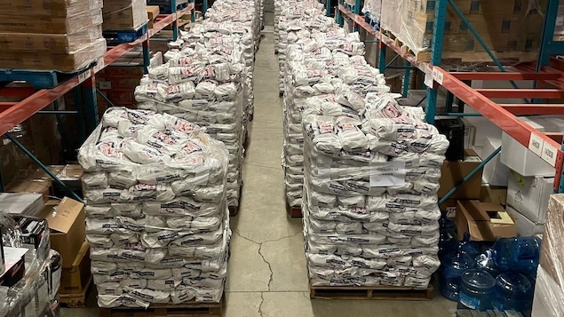Bags of potatoes stacked in a warehouse.