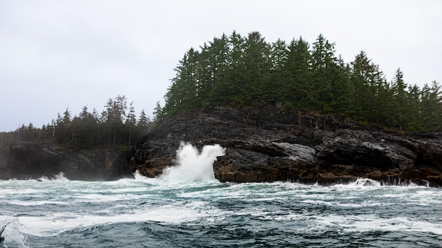 Une vague s'écrase contre un rocher de l’île Nootka, en Colombie-Britannique, fin octobre 2023.