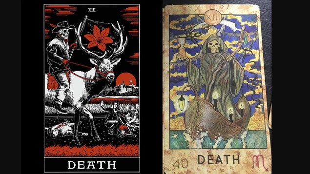 La carte de tarot de Prairie Harm Reduction représentant la mort (à gauche) et une carte de tarot traditionnelle représentant la mort (à droite).