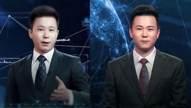 Le présentateur virtuel (à droite) et le véritable lecteur de nouvelles (à gauche). Le présentateur virtuel (à droite) et le véritable lecteur de nouvelles (à gauche).