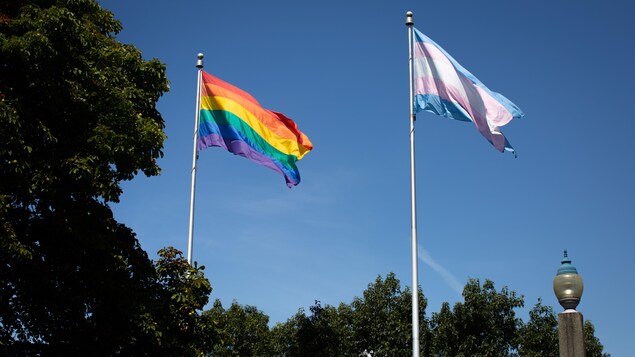 Le drapeau arc-en-ciel et le drapeau transgenre flottent devant l'hôtel de ville de Vancouver.