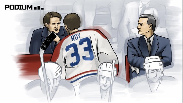 La scène qui a marqué une génération d'amateurs de hockey : Patrick Roy qui s'adresse à Ronald Corey sous le regard de Mario Tremblay.