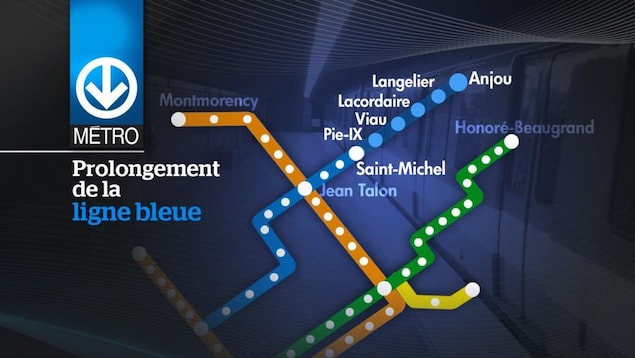Plan de la ligne bleue incluant les stations projetées Pie-IX, Viau, Lacordaire, Langelier et Anjou