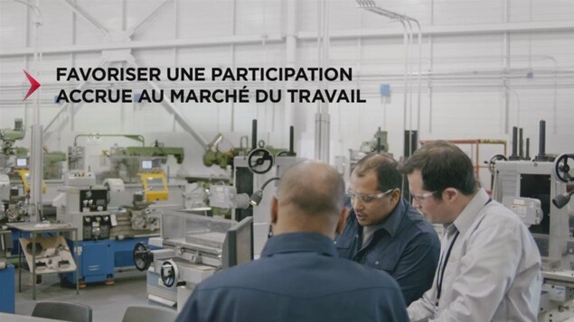 On voit des travailleurs avec ce texte : « Favoriser une participation accrue au marché du travail ». On voit des travailleurs avec ce texte : « Favoriser une participation accrue au marché du travail ».