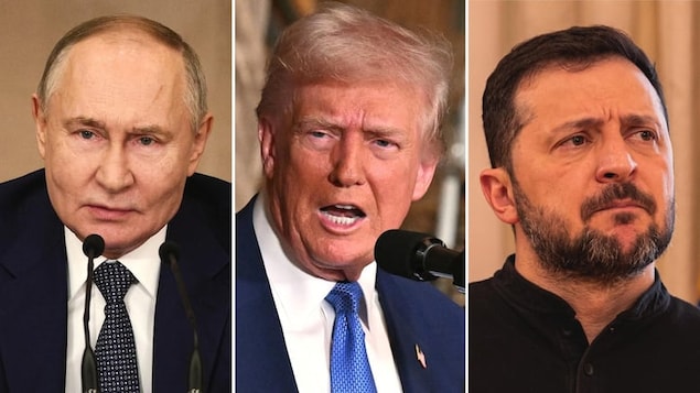 Russian President Vladimir Putin, U.S. President Donald Trump and Ukrainian President Volodymyr Zelenskyy, left to right. Trump was set to speak to the two leaders in separate phone calls Monday. 