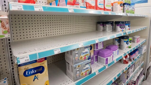 Shortages of many popular brands of baby formula are seen on a pharmacy shelf, Monday, May 16, 2022 in Montreal. (The Canadian Press/Ryan Remiorz)