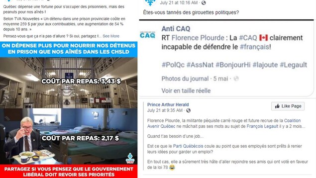 Dans la publication de gauche, on voit une prison et un CHSLD. « On dépense plus pour nourrir nos détenus en prison que nos aînés dans les CHSLD. Partagez si vous pensez que le gouvernement libéral doit revoir ses priorités », peut-on lire. Dans l'image de droite, on peut lire : « Êtes-vous tannés des girouettes politiques? » L'image parle de Florence Plourde, une péquiste qui serait sur le point de sauter vers la CAQ, selon certains médias. Dans la publication de gauche, on voit une prison et un CHSLD. « On dépense plus pour nourrir nos détenus en prison que nos aînés dans les CHSLD. Partagez si vous pensez que le gouvernement libéral doit revoir ses priorités », peut-on lire. Dans l'image de droite, on peut lire : « Êtes-vous tannés des girouettes politiques? » L'image parle de Florence Plourde, une péquiste qui serait sur le point de sauter vers la CAQ, selon certains médias.