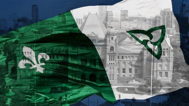 Un montage présente le drapeau franco-ontarien devant l'Assemblée législative de l'Ontario.
