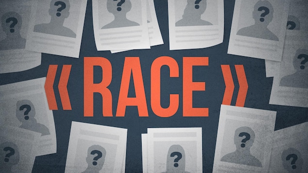 Infographie avec le terme race entouré d'avis de recherche fictifs.