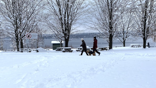 Deux personnes et un chien marchent dans un sentier situé sur le bord d'un lac.