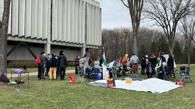 Des gens se rassemblent sur le gazon du campus de l'Université Laval. 